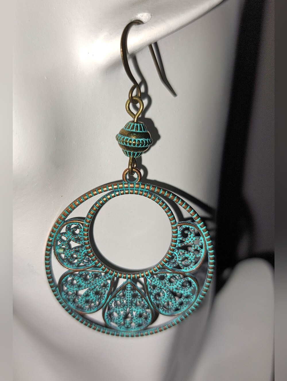 Turquoise Patina Antique Bronze Filigree Earrings with Coordinating Accent Beads